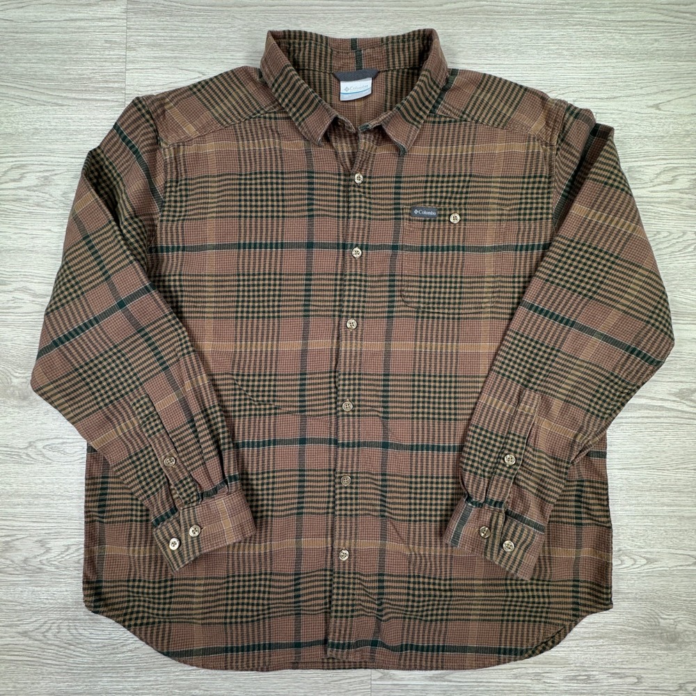 Columbia Mens Shirt XXL Brown Plaid Long Sleeve Cotton Blend Button Up Outdoors